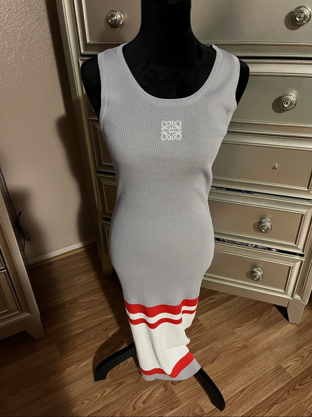 Loewe Light Gray Ribbed Tank Dress with Red and White Stripe Hem